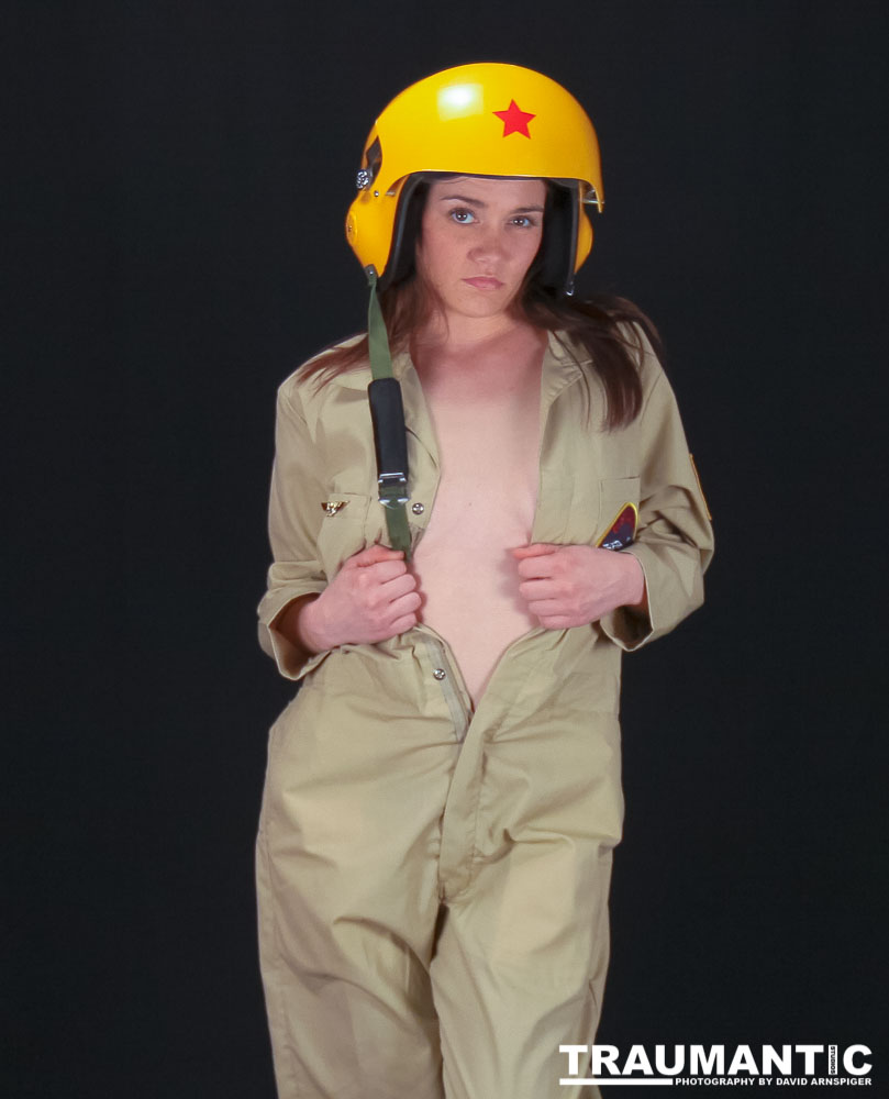 Lindsey was visiting and wanted to shoot, and I had an idea for a pinup based on a pilot's helmet I had recently been given.  So we went to a local military surplus and whipped up a pilot costume and did this shoot.